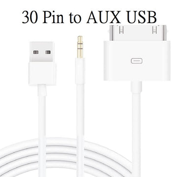 30 Pin to AUX USB 1.5M 30 Pin Charger Dock to 3.5mm Car AUX Audio USB Charger Cable Data Sync Transfer & Charging - Imported from UK
